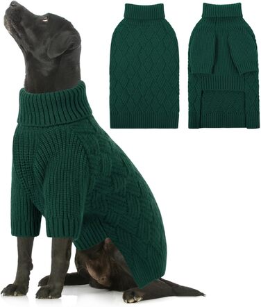 Пуловер для собак великих порід AOFITEE, теплий зелений пуловер на Новий рік, зимовий вовняний пуловер з коміром-стійкою для Бігль, Лабрадор XL, м'який пуловер для собак