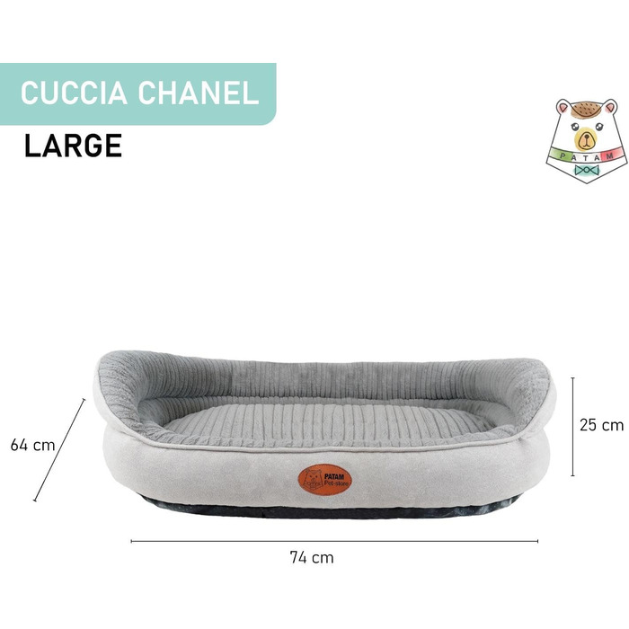 Лежак для собак і котів Chanel, світло-сірий, великий, 74x64x25 см, знімний чохол, м'який, з бортиками, протиковзка основа, машинне прання