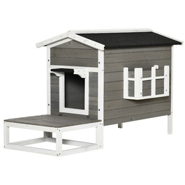 PawHut Cat House Будиночок для кішок з терасою та балконом для котів та собак, ялина Сірий та Білий, 115 x 66.5 x 74.7 см