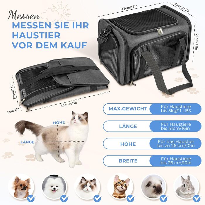 Транспортна сумка для кота/собаки до 5 кг, сіра, 43 x 28 x 28 см