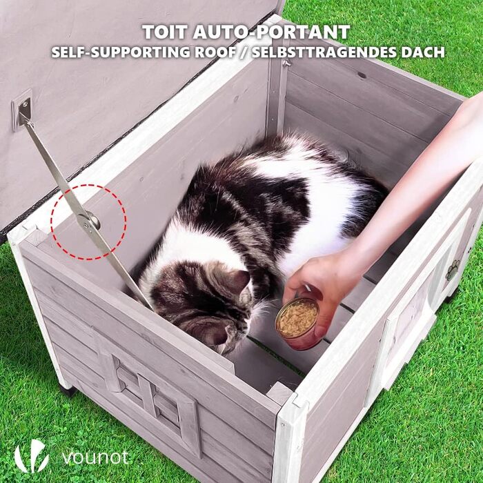 Будиночок для котів VOUNOT з дерева з асфальтовим дахом, вуличний, 57x45x43 см, сірий