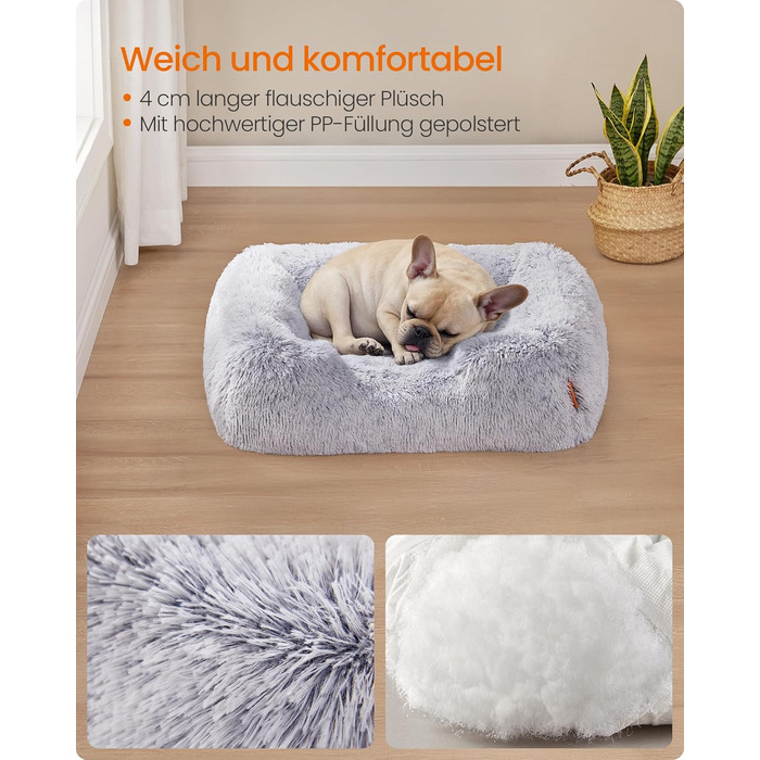 Ліжко для собак Feandrea, м'яке лежання, корзина для собак, 71 x 55 x 18 см, з підвищеними бортиками, знімний чохол, що легко переться, антиковзаюче покриття, Ombré-Сірий PGW271G01 M