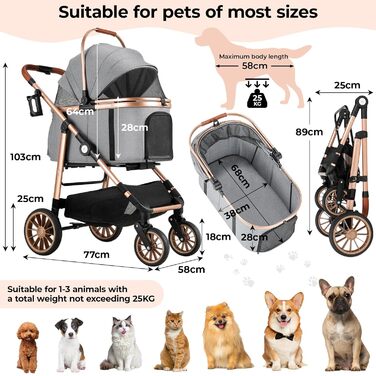 Візок для собак MAMIZO 4-в-1, до 25 кг, з амортизаторами, складний, для котів та собак (сірий)