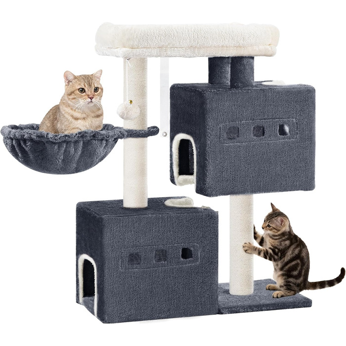 Дерево для котів Hzuaneri, 75 см, зі стійкою конструкцією, великою лежанкою, котячою печеркою, сизалевими стовпчиками, кошиком та іграшками, сірий колір