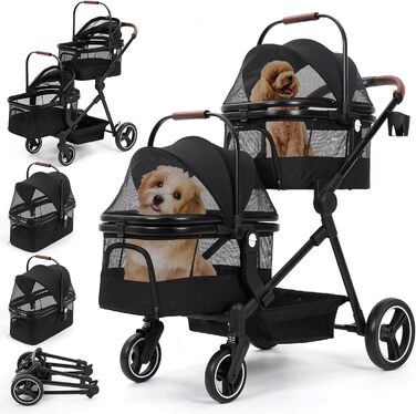 Складаний двоярусний візок для собак та котів до 22 кг, з сітчастими віконцями, тримачем для напоїв та місцем для зберігання. Ідеально для двох маленьких собак або котів. Легкий та зручний двошаровий візок.