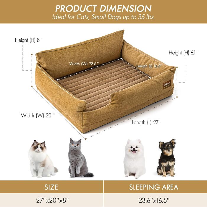 ClevaHome Ортопедичне собаче ліжко/софа для маленьких собак та котів – водовідштовхувальний та пральний чохол, неслизьке дно, комфортне ліжко з піною типу 