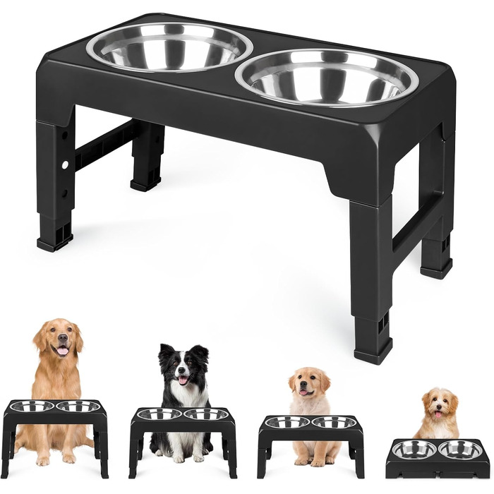 Підвищена годівниця для собак та котів з нержавіючої сталі, 2x1.8L, регульована висота, антиковзаюча, 44x24x8 см, чорна