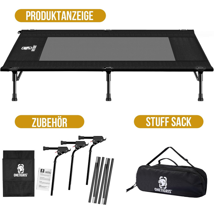 OneTigris лежанка для собак Outdoor, піднята лежанка 21 см, 130x70 см, зручна та дихаюча, міцна, легко миється, для кемпінгу, чорна L