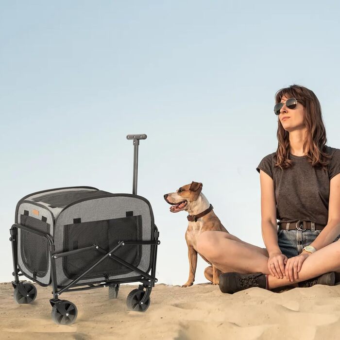 Транспортер для собак на колесах, велика візок для собак та котів до 18 кг (сірий, чорний)