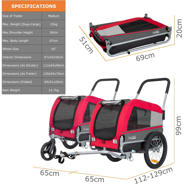 Універсальний візок-перевозник для собак Tiggo VS Pets Medium: 2-в-1 (велосипедний, буксирний)