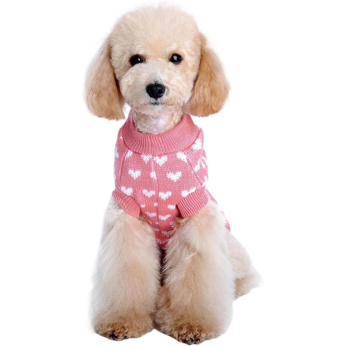 Теплий зимовий светр для домашніх тварин з сердечками для собак та котів середніх та маленьких порід – милий та затишний одяг для холодної погоди, рожевий, розмір S