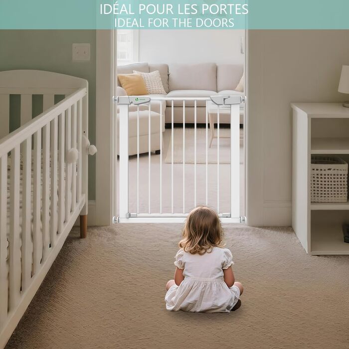 Захист для сходів Vounot: сітка без свердління, 75-108 см, для дітей, собак та котів, автоматичне закриття, магнітний замок, стопор 90°, білий (2x подовження)