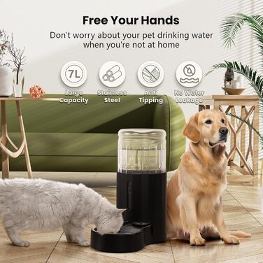 Автоматичний фонтанчик для собак та котів JunsPow 7L з нержавійною чашею, фільтр, велика ємність, тиха робота, чорний