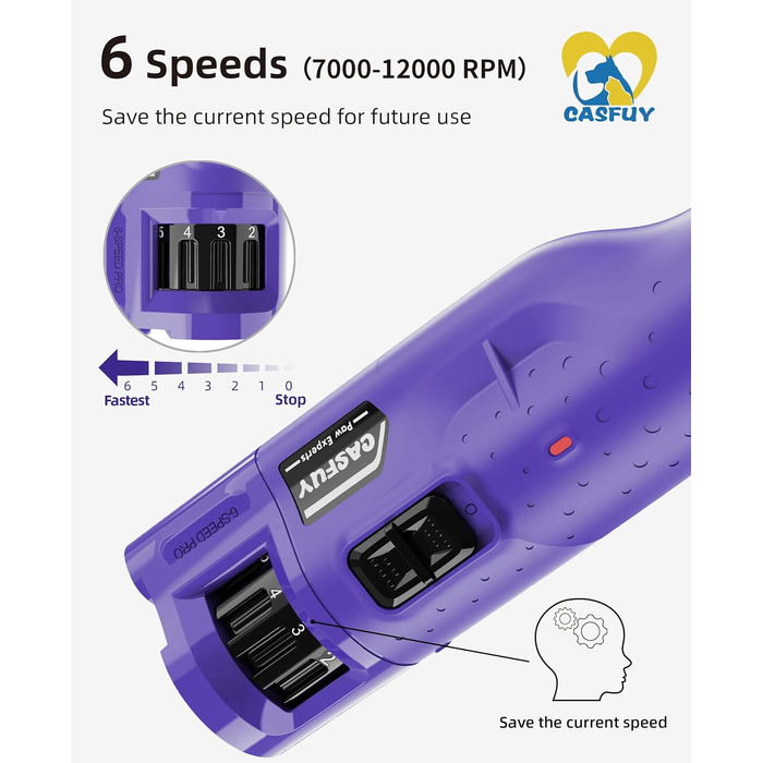 Електричний точилка для кігтів собак Casfuy - 6 режимів, 45 dB, з LED-підсвічуванням, для собак та котів великих, середніх та малих порід, фіолетовий