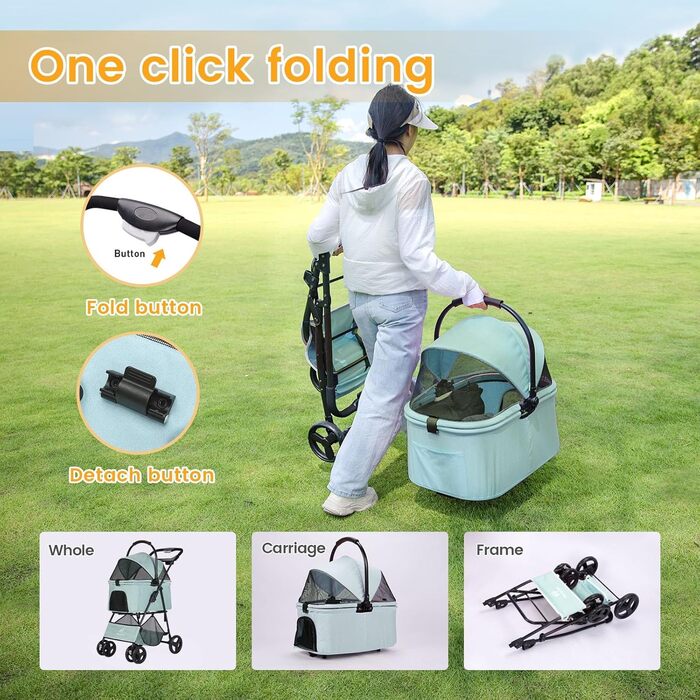 Дитяча коляска 2-в-1 для собак та дітей, складана, з 4 швидкими колесами, знімний кошик, легка, для собак середніх та маленьких порід, котів, для прогулянок на вулиці (Блакитно-зелений)