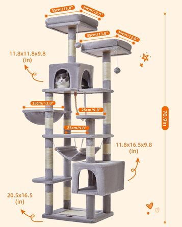 Котячий комплекс Taoqimiao 180 см, багаторівневий, з когтеточками, будиночком, лежанкою, гамаком, для домашніх котів, світло-сірий
