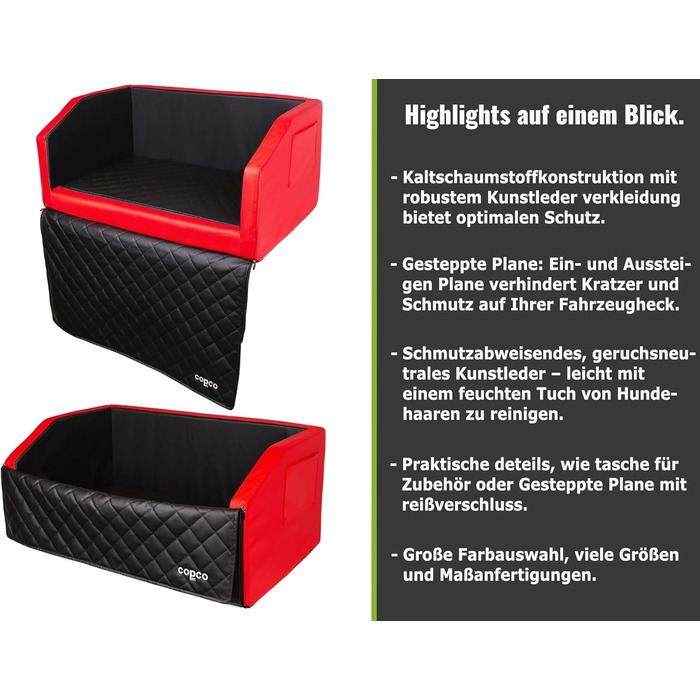 Ліжко для собак у багажник CopcoPet - 90x70x38 см, штучна шкіра, захист багажника, водовідштовхувальне, стійке до подряпин, система кріплення, захисний коврик, червоно-чорний колір