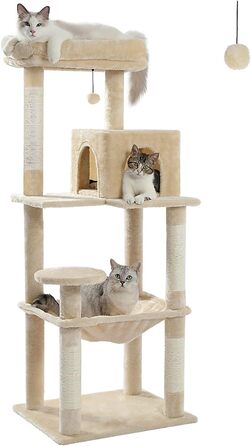 Когтеточка PAWZ Road для котів, з металевим плюшевим гамаком, котячий комплекс 143 см, 2-рівневе будиночок, 6 полиць, сірий