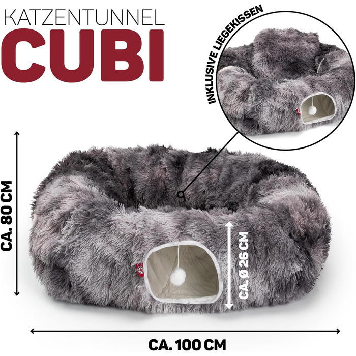 Преміум тунель для котів CUBI від CanadianCat Company: XXL з місцем для сну та м'яким лежанком, підходить для великих котів, темно-сірий, 100 x 80 x 26 см