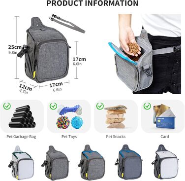 PETCUTE Сумка для тренування собак, міцна сумка для ласощів, сумка для перекусів з диспенсером для відходів, сумка для ласощів з регульованим плечовим ременем, поясний ремінь та кліпса (світло-сіра)