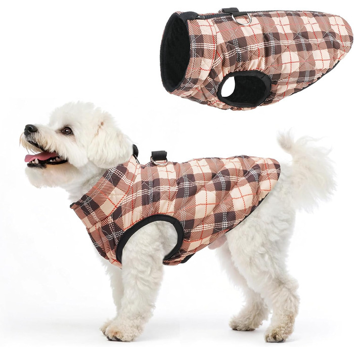 Зимовий теплий пуховик для собак SCENEREAL – водонепроникний, з інтегрованим шлейкою, для малих та середніх собак, колір бежевий у клітинку, розмір M (Обхват грудей 41.9 см)