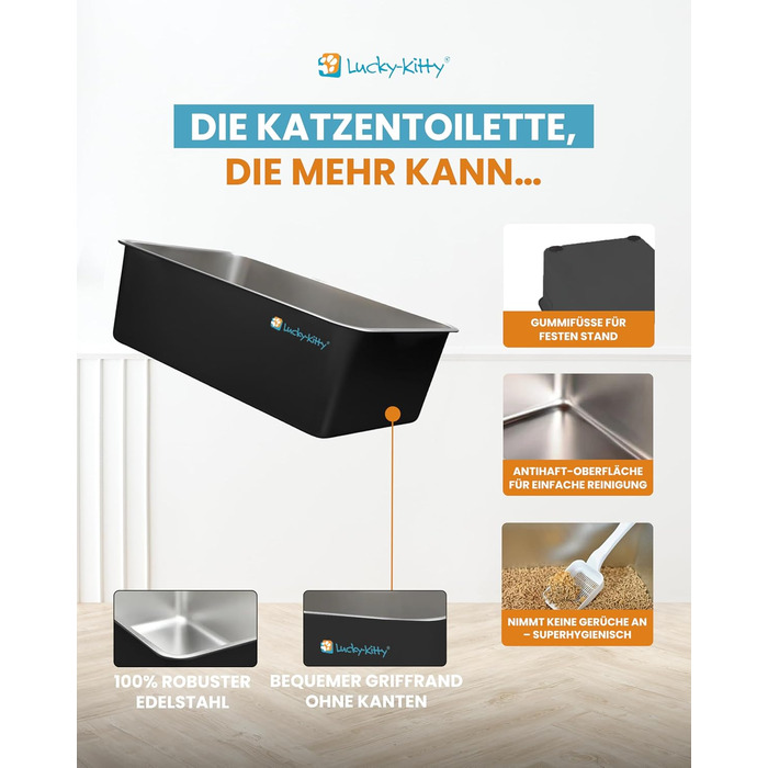 Котлочистка Lucky-Kitty Edelstahl 60x40x20 см з кришкою | XXL, не пропускає запахи, чорна | Котлочистка для котів, не витікає