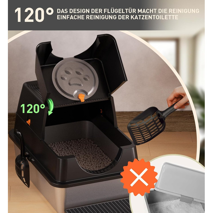 Лоток для котів Citylife Edelstahl з кришкою, XXL, закритий, з двошаровим килимком та совком, двостулковий, легко чиститься, з нейтралізацією запаху (Чорний)