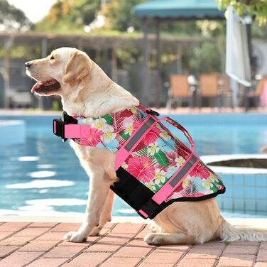 Жилет для плавання собак Doglay, світловідбиваючий, регульований, для малих, середніх та великих собак (Large, Рожевий з квіткою, 1)