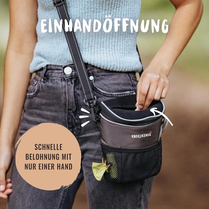 Сумка для ласощів для собак Rudelkönig - Практична сумка для прогулянок з собакою, для дресирування - Фурнітурний мішечок для собак з дозатором кульок для прибирання, на плече, Базовий сірий
