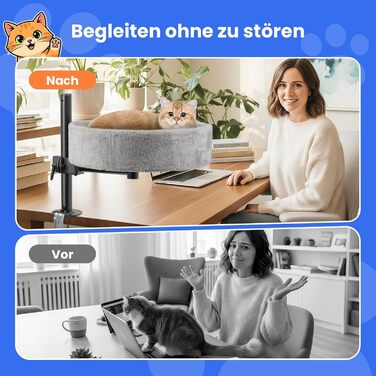 BSWAY ліжко для кота на стіл - без свердління, 360° обертання, регульована висота. Підвищене котяче ліжко над столом. Тримає кошеня/кота близько, робочий простір чистий. Ліжко для кота на стіл (Сірий, XL). Сірий XL