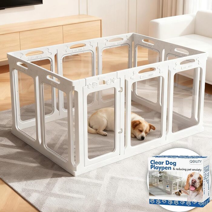 Клітка для собак Qoility, прозора, з дверцятами, 61 см, 12 панелей, чорна, зменшує тривожність, 142.2 x 94 см