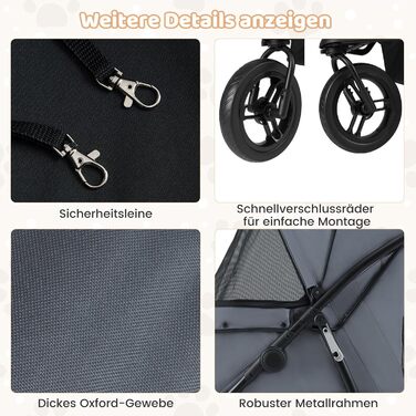 Візок для тварин Costway, розкладний, до 25 кг, для собак та котів, 3 колеса, регульований дах, сітчасте вікно, кошик та подушка, сірий