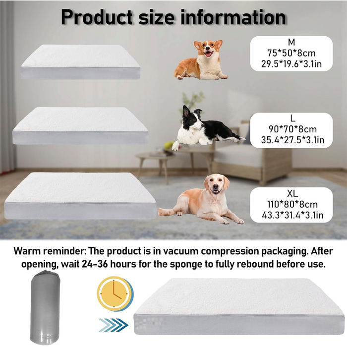 Ортопедичне ліжко для собак Vertupet з Memory Foam, 75x50x8 см, знімний чохол та м'яке подушечка, для великих собак, сіре та біле