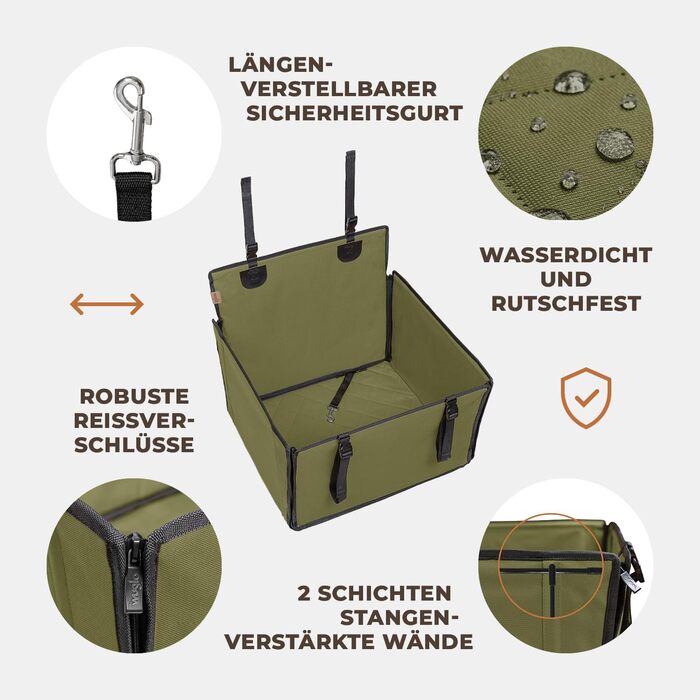 Автокрісло для собак WUGLO Extra Stabiler - міцне, водонепроникне, для собак середніх розмірів (M, Хакі)