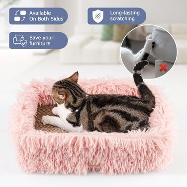 Котячий когтеточка з картону з коробкою, міцна велика ліжко для котів, м'яка когтеточка з гофрокартону, знімна, двостороння, захист меблів (44×34×14см), рожевий колір