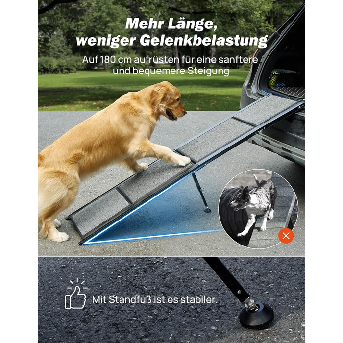 Рампа для собак JOYTUTUS складна, для авто, SUV та вантажівок, до 90 кг, для великих, середніх та маленьких тварин (180 x 44 см), алюмінієва рамка
