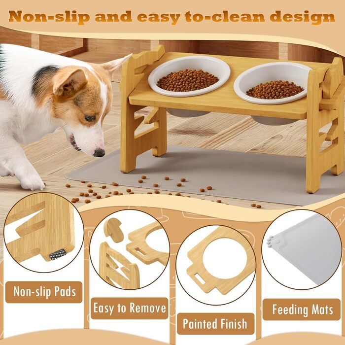 Підвищена годівниця для собак з підставкою, регульована висота, годівниця для маленьких собак та котів, міцна годівниця з бамбука з 2 керамічними мисками та килимком для тварин