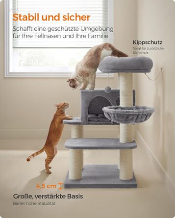 Драбина для котів Feandrea XXL: міцна, з 6 товстими стовпчиками, платформа, будиночок, кошик, сіра