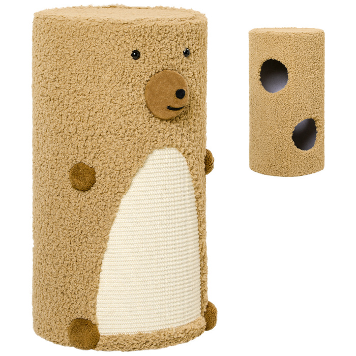 PawHut Scratching Barrel Bear Design 2 яруси 2 печери з поверхнею для дряпання з сизалю Φ35 x 66 см Світло-коричневий для котячих меблів та розваг