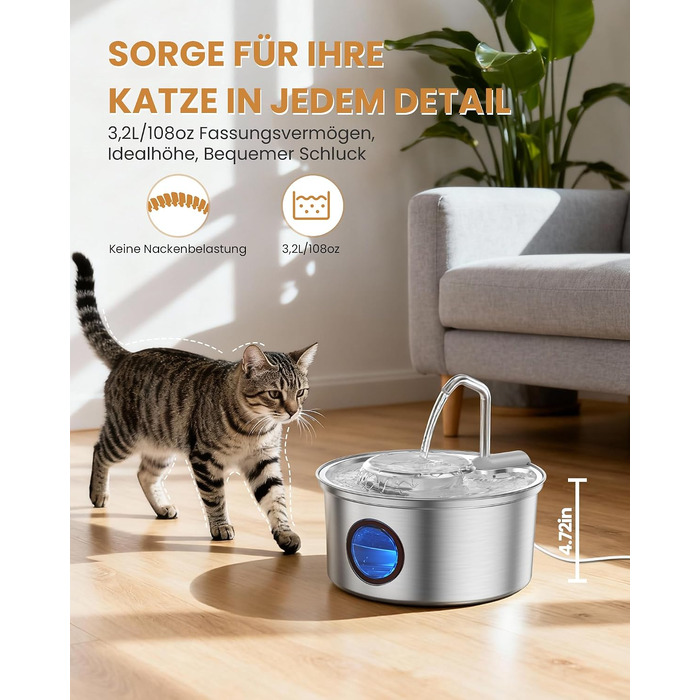 Фонтан-поїлка для котів Kittyspout з нержавіючої сталі, 3.2 л, з набором з 3 фільтрів