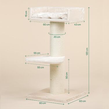 Дряпак для великих котів RHRQuality Maine Coon Lounge 120 см, товсті 20 см сизалеві стовпи, кремовий