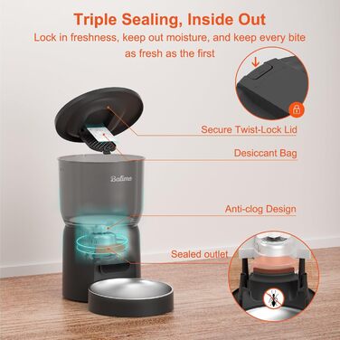 Автоматичний кормушка для котів Balimo 3L з Wi-Fi, керування через додаток, для собак та котів, чорний