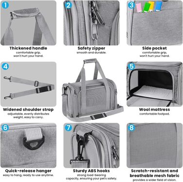 Складана переноска для собак VSSHE: транспортна сумка для котів та собак, ідеальна для подорожей, авто та літака. Легка, дихаюча переноска для маленьких та середніх тварин до 20lbs (сіра, велика)