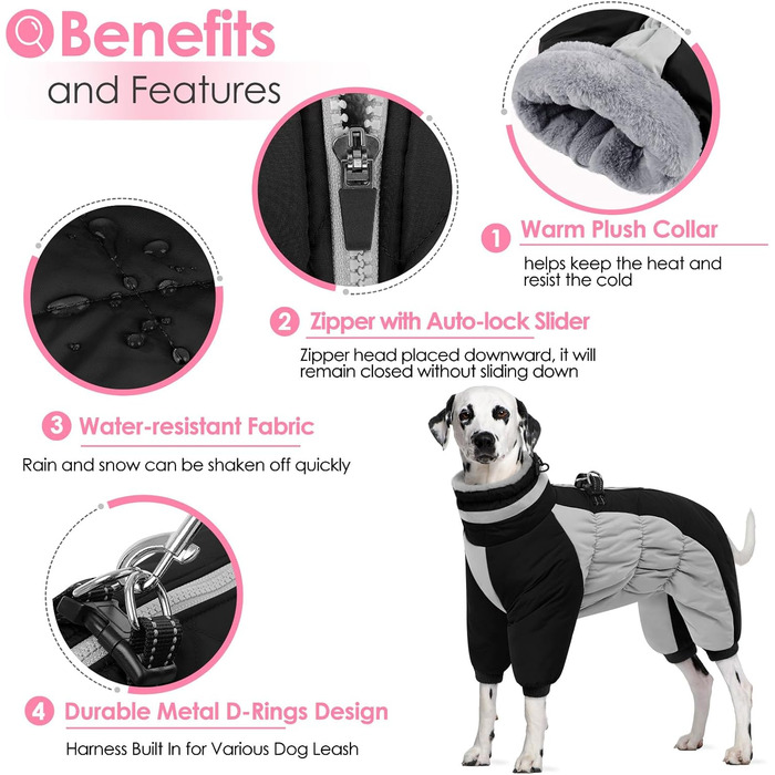 Зимовий комбінезон для собак AOFITEE - теплий водонепроникний костюм для маленьких собак з ніжками, підходить для Пудель, Джек Рассел, чорний S