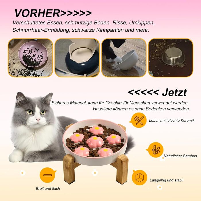 Підвищена годівниця для котів Anti Schling Napf - керамічна годівниця з антиковзним основанням, інтерактивна, для повільного годування, рожеві квіти