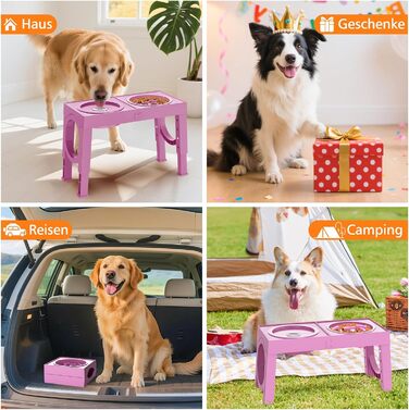 Набір мисок для собак X XBEN 3-в-1: миска для води з захистом від пролиття 1.4L, миска від захлистування 1L, годівниця з 5 рівнями регулювання висоти для середніх та великих собак, нековзна годівниця, рожевий колір