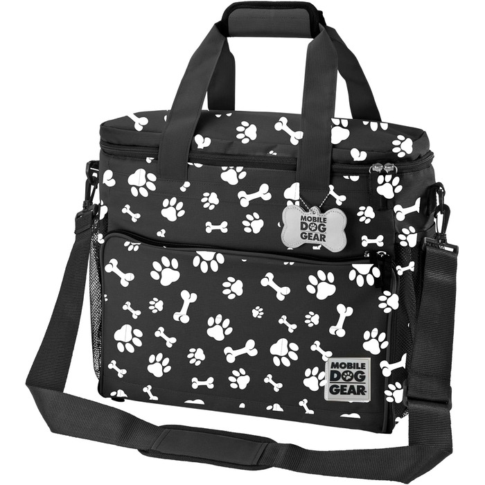 Подорожня сумка для собак Mobile Dog Gear Week Away для середніх та великих собак, 2 контейнери для корму та 2 складні миски, чорно-білий принт з відбитком лап