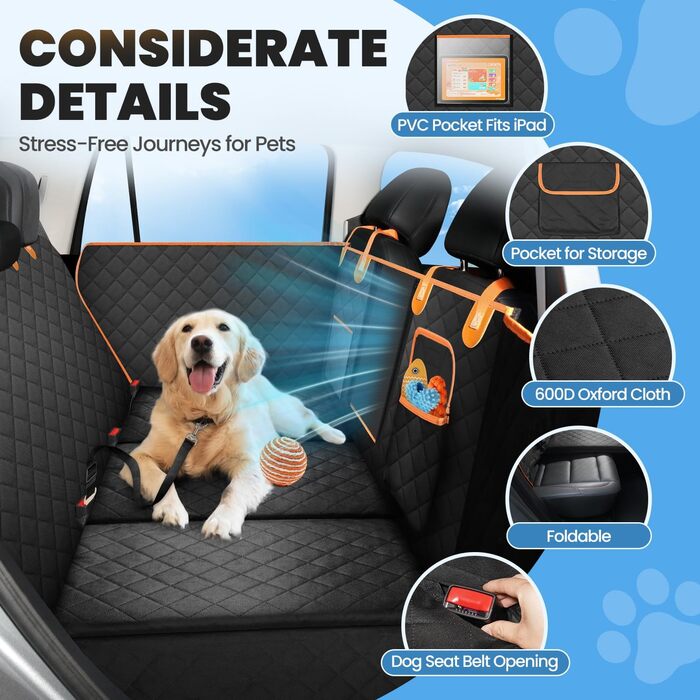 Водонепроникний захист для автосидіння для собак з піною-ефект-ящиками та жорсткою основою, подовжувач заднього сидіння для собак з покращеним захистом дверей, лежанка для собак для подорожей, кемпінгу, підходить для