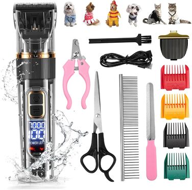 HEMOTON Набір для стрижки тварин: бездротова машинка для собак та котів з LCD-дисплеєм, тиха, миється, акумуляторна