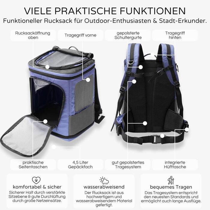 Hunderucksack Wanderpfote Trekking Light S, 8 кг, блакитний - переноска для собак та котів